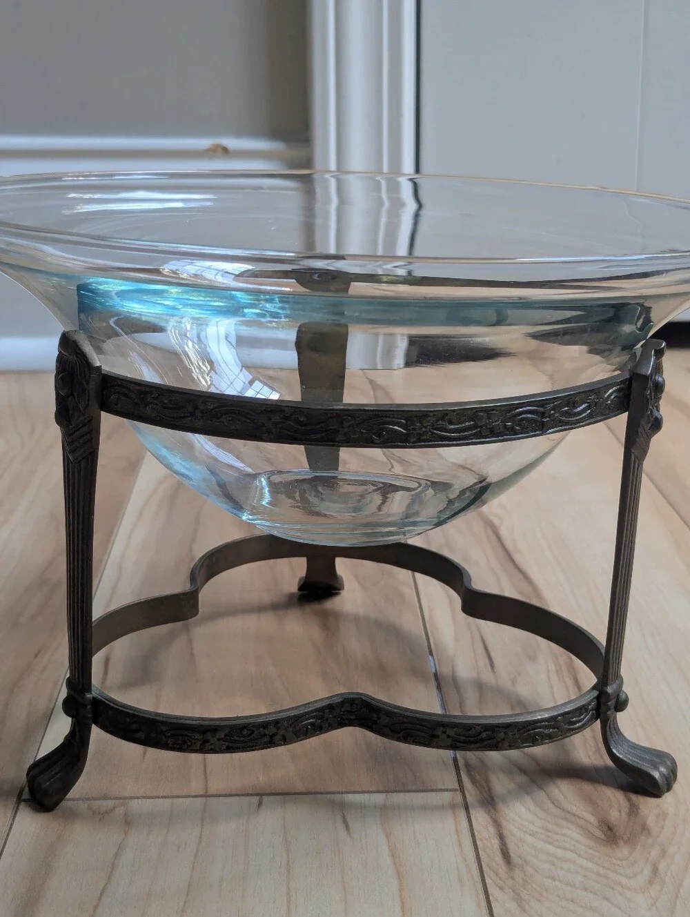 Art Deco Glass Bowl with Bronze Metal Stand